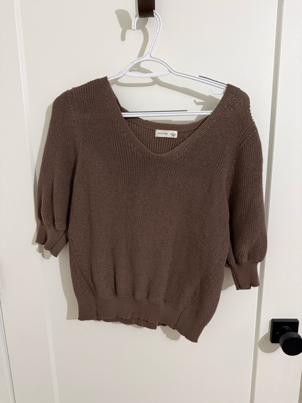 Gentle Fawn V-Neck Puff Sleeve Knit Sweater - Mocha Brown
